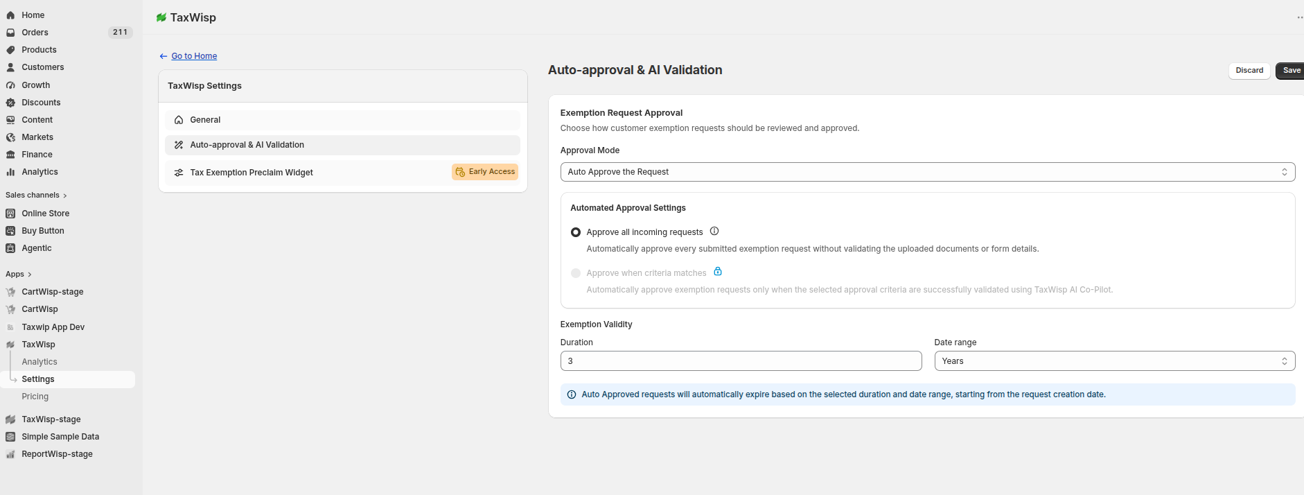 Auto Approval Setting for Tax Exemption Requests Basic Plan